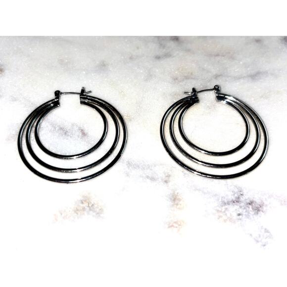 Silver Tone Triple Tiered Hoop Earrings - Modern & Stylish! - Picture 6 of 7